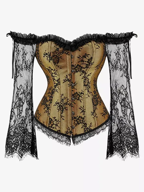 Off Shoulder Floral Lace Long Sleeve Overbust Corset Plus Size Front Hook Back Lace Up Waist Trainer