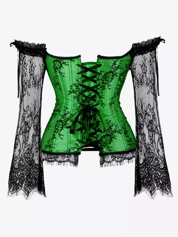 Off Shoulder Floral Lace Long Sleeve Overbust Corset Plus Size Front Hook Back Lace Up Waist Trainer