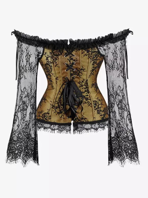 Off Shoulder Floral Lace Long Sleeve Overbust Corset Plus Size Front Hook Back Lace Up Waist Trainer