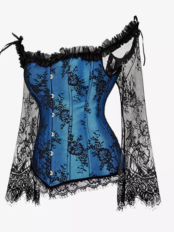 Off Shoulder Floral Lace Long Sleeve Overbust Corset Plus Size Front Hook Back Lace Up Waist Trainer