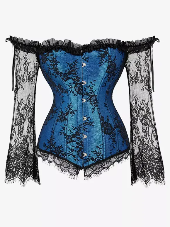 Off Shoulder Floral Lace Long Sleeve Overbust Corset Plus Size Front Hook Back Lace Up Waist Trainer