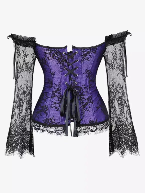 Off Shoulder Floral Lace Long Sleeve Overbust Corset Plus Size Front Hook Back Lace Up Waist Trainer