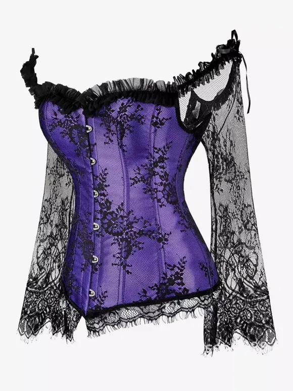 Off Shoulder Floral Lace Long Sleeve Overbust Corset Plus Size Front Hook Back Lace Up Waist Trainer