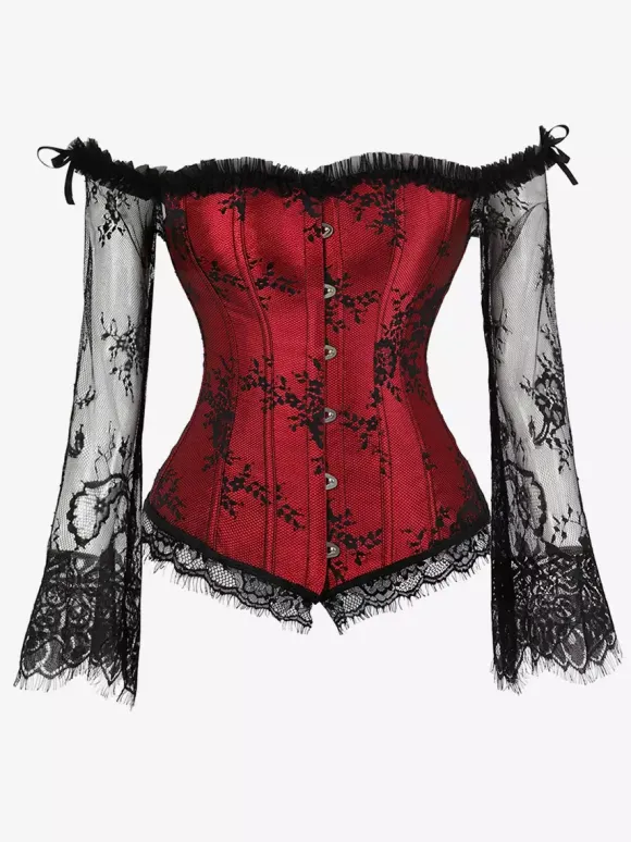 Off Shoulder Floral Lace Long Sleeve Overbust Corset Front Hook Back Lace Up
