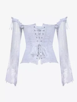 Off Shoulder Floral Lace Long Sleeve Overbust Corset Front Hook Back Lace Up
