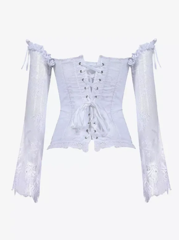 Off Shoulder Floral Lace Long Sleeve Overbust Corset Front Hook Back Lace Up