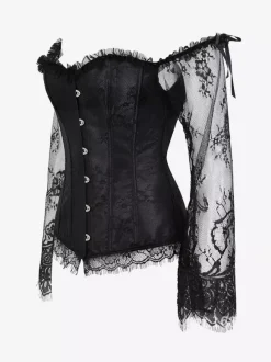 Off Shoulder Floral Lace Long Sleeve Overbust Corset Front Hook Back Lace Up
