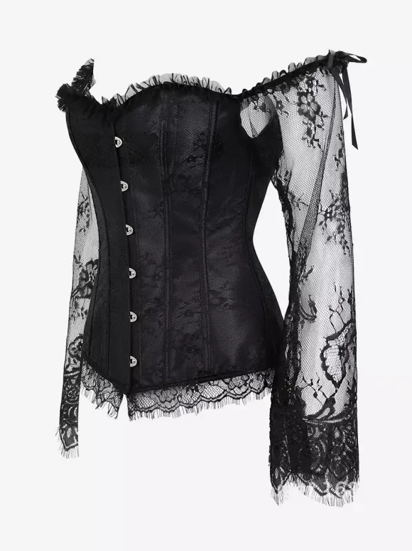 Off Shoulder Floral Lace Long Sleeve Overbust Corset Front Hook Back Lace Up