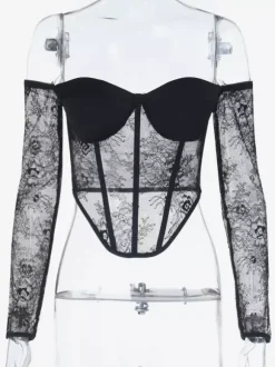 Off Shoulder Lace Corset Blouse For Women - Black Sheer Mesh Long Sleeve Bustier Top - Spring Night Out Clubwear 2026