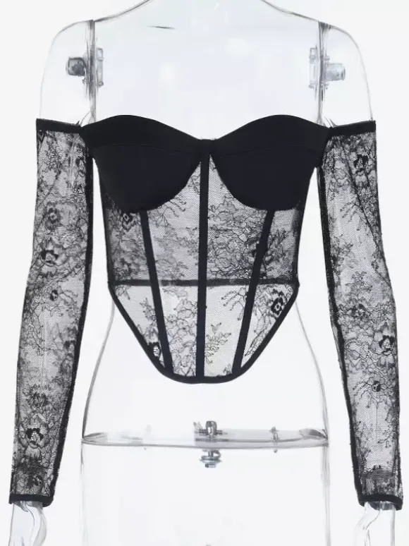Off Shoulder Lace Corset Blouse For Women - Black Sheer Mesh Long Sleeve Bustier Top - Spring Night Out Clubwear 2026