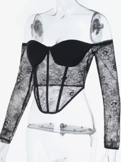 Off Shoulder Lace Corset Blouse For Women - Black Sheer Mesh Long Sleeve Bustier Top - Spring Night Out Clubwear 2026