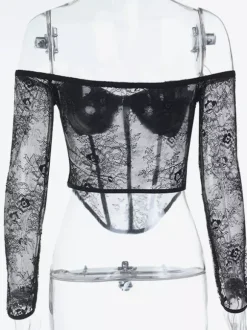 Off Shoulder Lace Corset Blouse For Women - Black Sheer Mesh Long Sleeve Bustier Top - Spring Night Out Clubwear 2026
