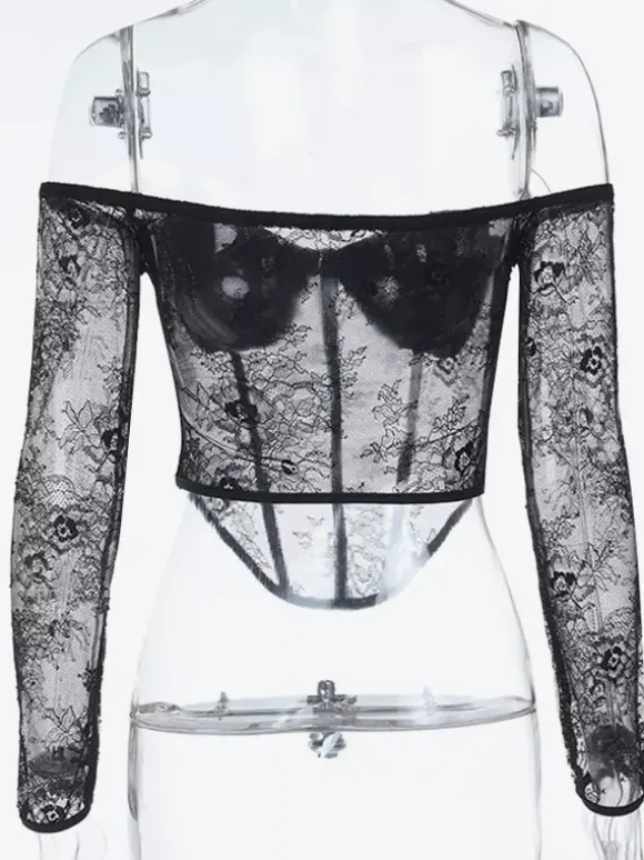 Off Shoulder Lace Corset Blouse For Women - Black Sheer Mesh Long Sleeve Bustier Top - Spring Night Out Clubwear 2026