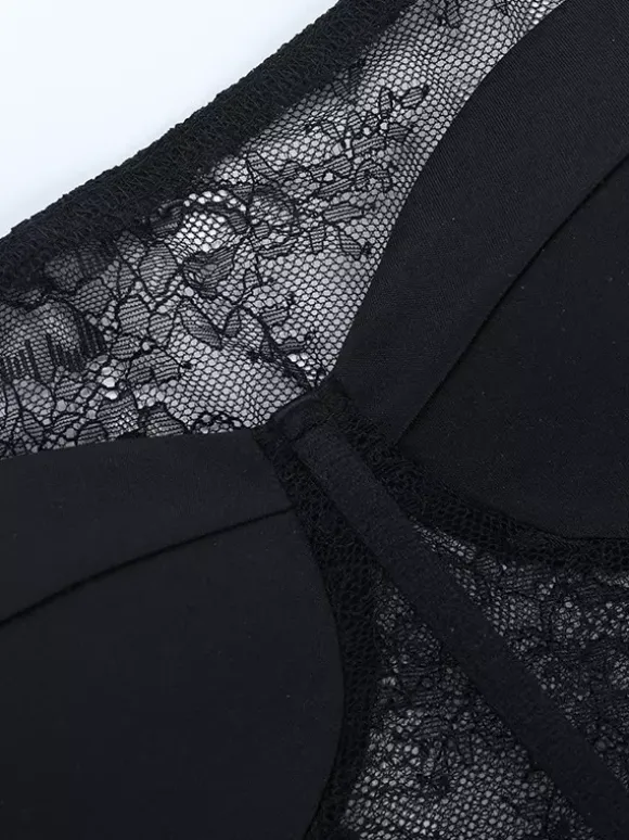 Off Shoulder Lace Corset Blouse For Women - Black Sheer Mesh Long Sleeve Bustier Top - Spring Night Out Clubwear 2026