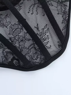 Off Shoulder Lace Corset Blouse For Women - Black Sheer Mesh Long Sleeve Bustier Top - Spring Night Out Clubwear 2026
