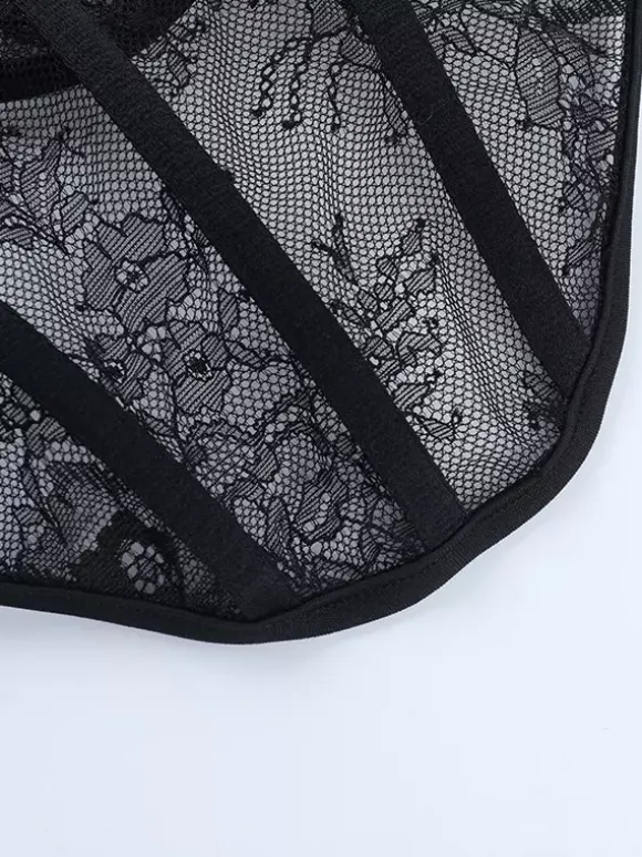 Off Shoulder Lace Corset Blouse For Women - Black Sheer Mesh Long Sleeve Bustier Top - Spring Night Out Clubwear 2026