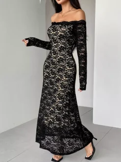 Off Shoulder Lace Long Sleeve Bodycon Maxi Dress For Women 2026
