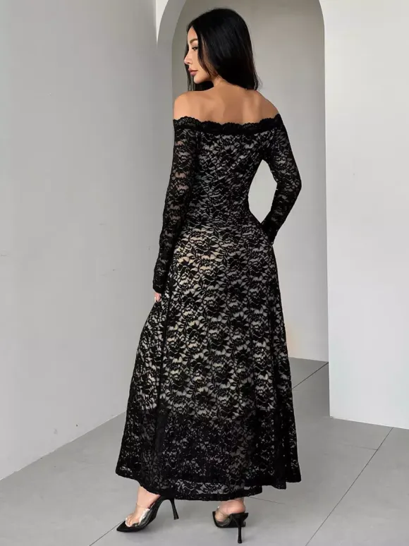 Off Shoulder Lace Long Sleeve Bodycon Maxi Dress For Women 2026
