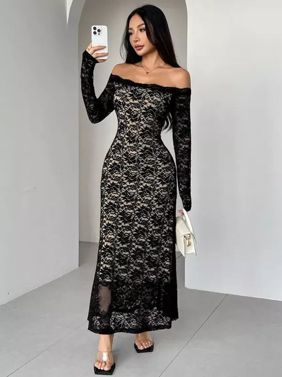 Off Shoulder Lace Long Sleeve Bodycon Maxi Dress For Women 2026
