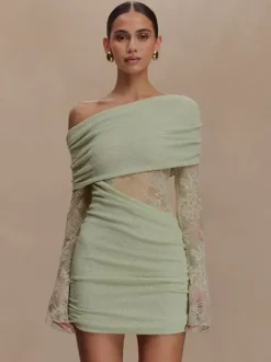 Off Shoulder Lace Long Sleeve Ruched Mini Bodycon Dress For Women 2026