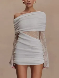 Off Shoulder Lace Long Sleeve Ruched Mini Bodycon Dress For Women 2026