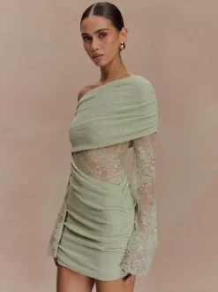 Off Shoulder Lace Long Sleeve Ruched Mini Bodycon Dress For Women 2026