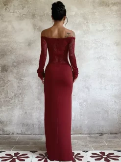Off Shoulder Lace Patchwork Maxi Dress For Women - Wine Red Long Sleeve Slit Bodycon Gown - Spring Evening Party 2026