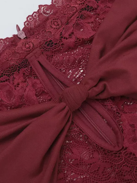 Off Shoulder Lace Patchwork Maxi Dress For Women - Wine Red Long Sleeve Slit Bodycon Gown - Spring Evening Party 2026