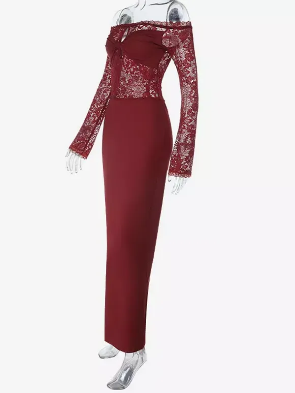 Off Shoulder Lace Patchwork Maxi Dress For Women - Wine Red Long Sleeve Slit Bodycon Gown - Spring Evening Party 2026