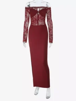 Off Shoulder Lace Patchwork Maxi Dress For Women - Wine Red Long Sleeve Slit Bodycon Gown - Spring Evening Party 2026