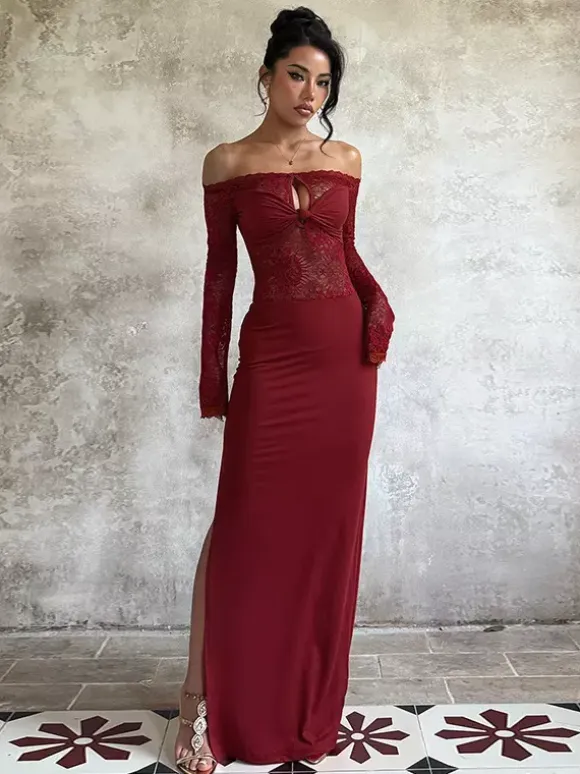 Off Shoulder Lace Patchwork Maxi Dress For Women - Wine Red Long Sleeve Slit Bodycon Gown - Spring Evening Party 2026