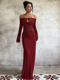 Off Shoulder Lace Patchwork Maxi Dress For Women - Wine Red Long Sleeve Slit Bodycon Gown - Spring Evening Party 2026