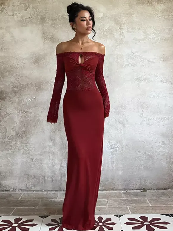 Off Shoulder Lace Patchwork Maxi Dress For Women - Wine Red Long Sleeve Slit Bodycon Gown - Spring Evening Party 2026