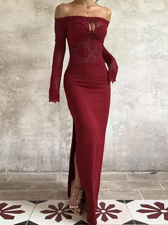 Off Shoulder Lace Patchwork Maxi Dress For Women - Wine Red Long Sleeve Slit Bodycon Gown - Spring Evening Party 2026