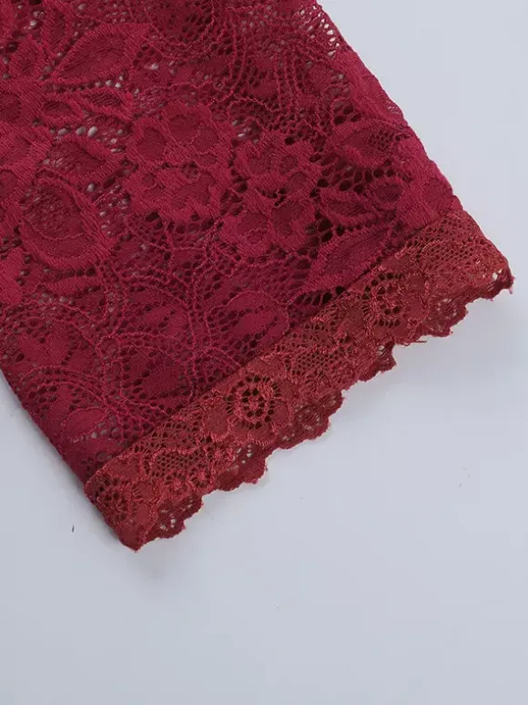 Off Shoulder Lace Patchwork Maxi Dress For Women - Wine Red Long Sleeve Slit Bodycon Gown - Spring Evening Party 2026