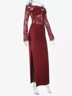 Off Shoulder Lace Patchwork Maxi Dress For Women - Wine Red Long Sleeve Slit Bodycon Gown - Spring Evening Party 2026