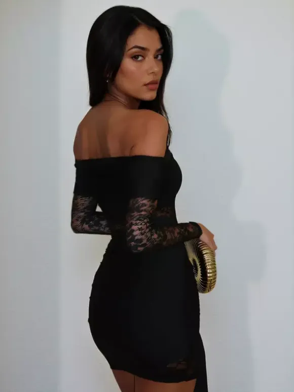 Off Shoulder Lace Patchwork Mini Dress For Women - Side Drape Bodycon - Spring Club Night Outfits 2026