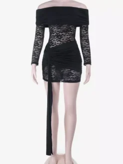 Off Shoulder Lace Patchwork Mini Dress For Women - Side Drape Bodycon - Spring Club Night Outfits 2026