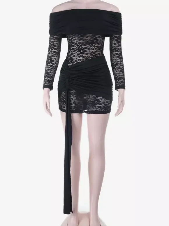 Off Shoulder Lace Patchwork Mini Dress For Women - Side Drape Bodycon - Spring Club Night Outfits 2026