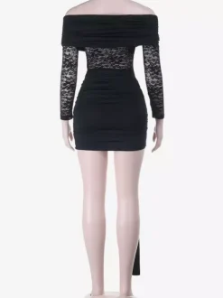 Off Shoulder Lace Patchwork Mini Dress For Women - Side Drape Bodycon - Spring Club Night Outfits 2026