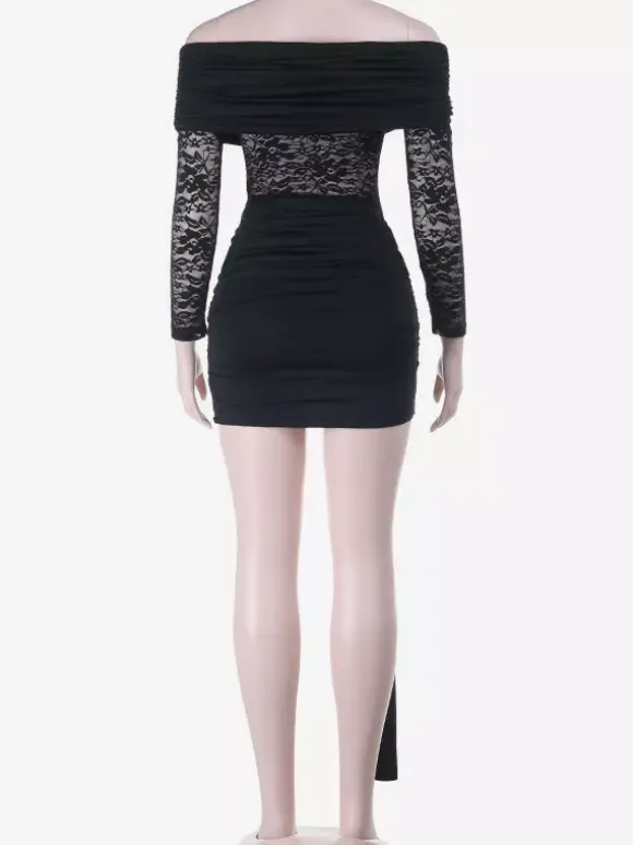 Off Shoulder Lace Patchwork Mini Dress For Women - Side Drape Bodycon - Spring Club Night Outfits 2026