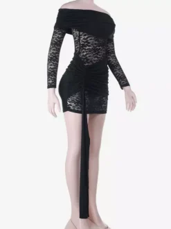 Off Shoulder Lace Patchwork Mini Dress For Women - Side Drape Bodycon - Spring Club Night Outfits 2026