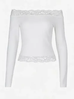 Off Shoulder Lace Trim Crop Top For Women - Long Sleeve Slim Fit Y2K Blouse - Spring Streetwear 2026