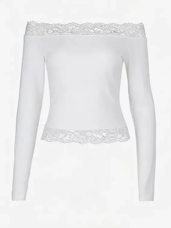 Off Shoulder Lace Trim Crop Top For Women - Long Sleeve Slim Fit Y2K Blouse - Spring Streetwear 2026