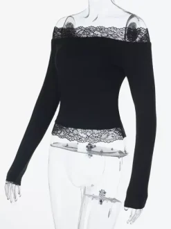Off Shoulder Lace Trim Crop Top For Women - Long Sleeve Slim Fit Y2K Blouse - Spring Streetwear 2026