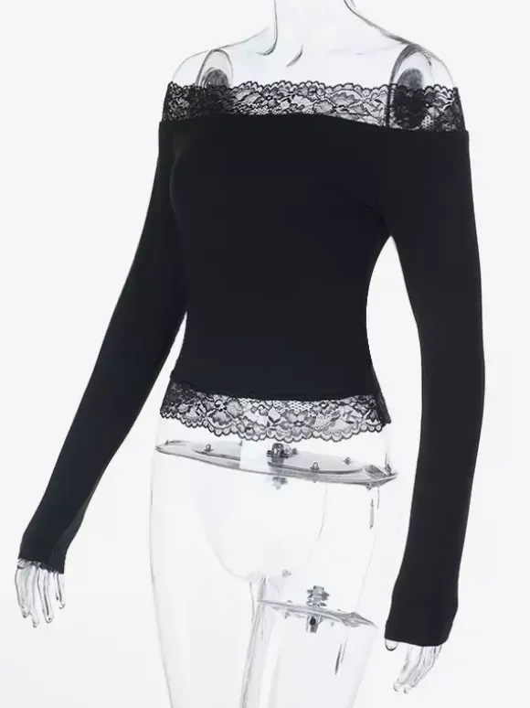Off Shoulder Lace Trim Crop Top For Women - Long Sleeve Slim Fit Y2K Blouse - Spring Streetwear 2026