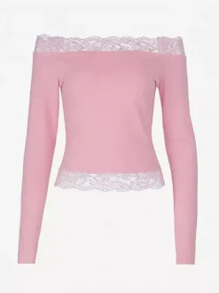 Off Shoulder Lace Trim Crop Top For Women - Long Sleeve Slim Fit Y2K Blouse - Spring Streetwear 2026