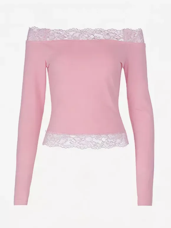 Off Shoulder Lace Trim Crop Top For Women - Long Sleeve Slim Fit Y2K Blouse - Spring Streetwear 2026