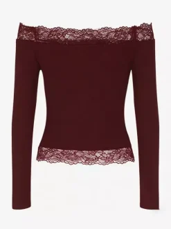 Off Shoulder Lace Trim Crop Top For Women - Long Sleeve Slim Fit Y2K Blouse - Spring Streetwear 2026