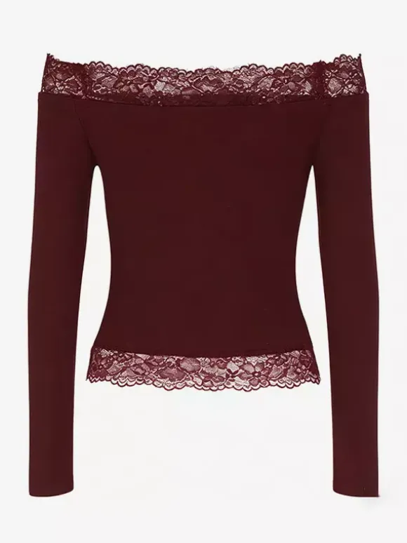Off Shoulder Lace Trim Crop Top For Women - Long Sleeve Slim Fit Y2K Blouse - Spring Streetwear 2026